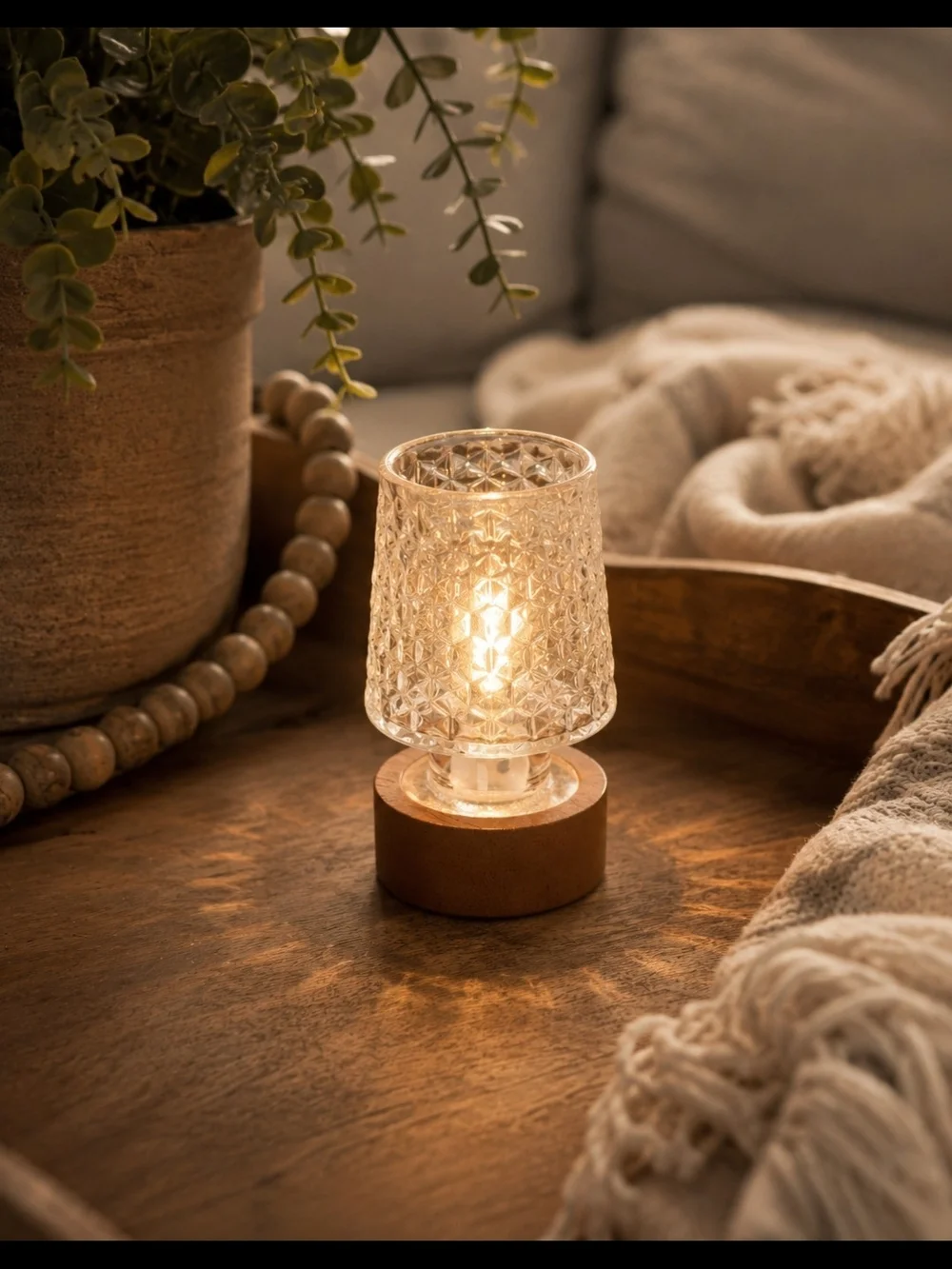 Wood Base Glass Accent Lamp - Warm Clear Cozy Decor Styling